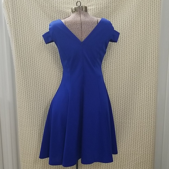 Royal Blue V neck A-lined Cold Shoulder Dress - Picture 2 of 6